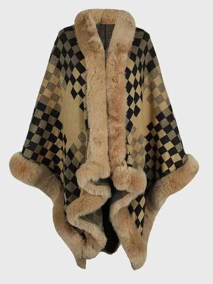 Fuzzy Checkered Long Sleeve Poncho - Tan One Size -