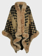 Fuzzy Checkered Long Sleeve Poncho - Tan One Size -
