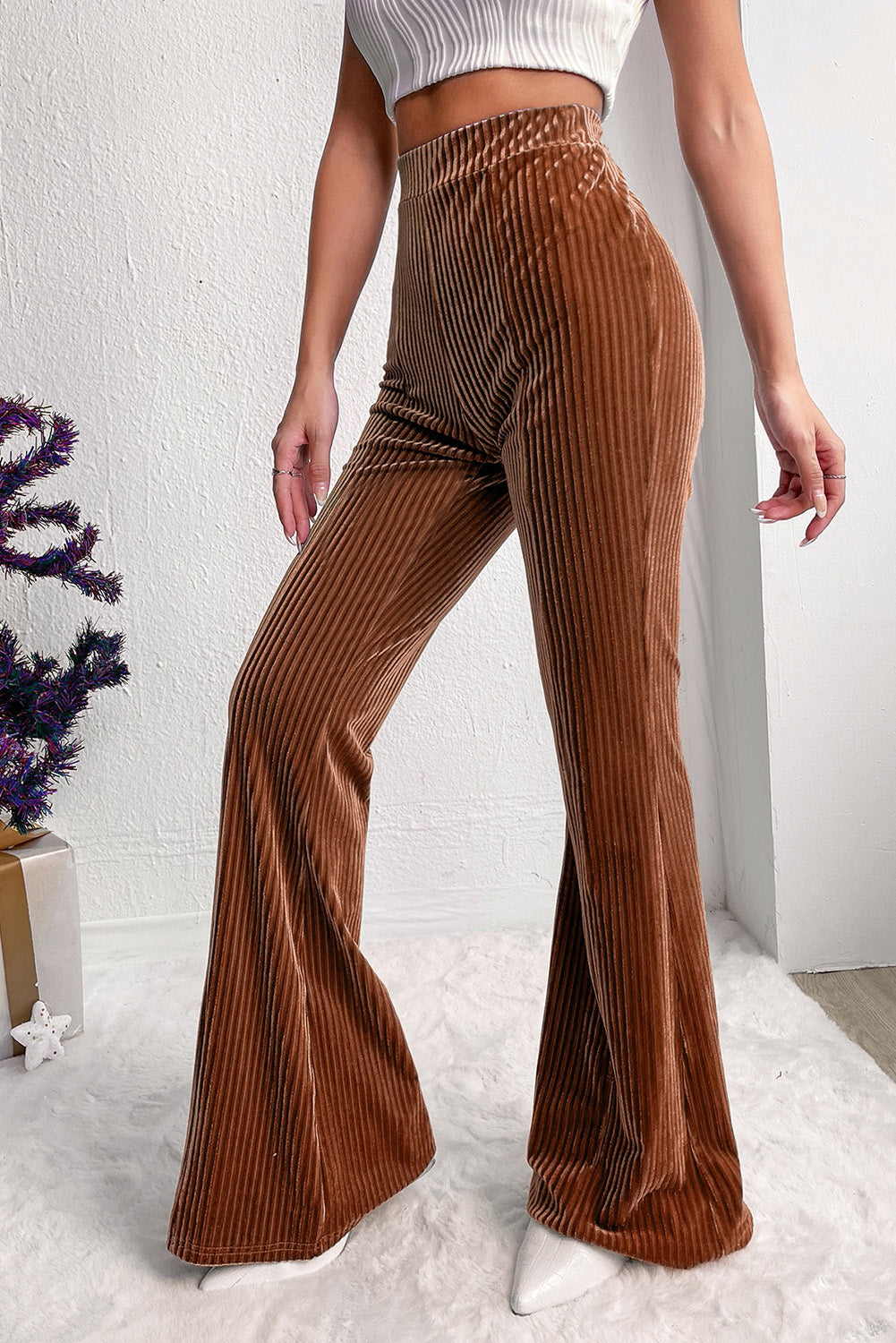 Chestnut Solid Color High Waist Flare Corduroy Pants - - Bottoms/Pants & Culotte