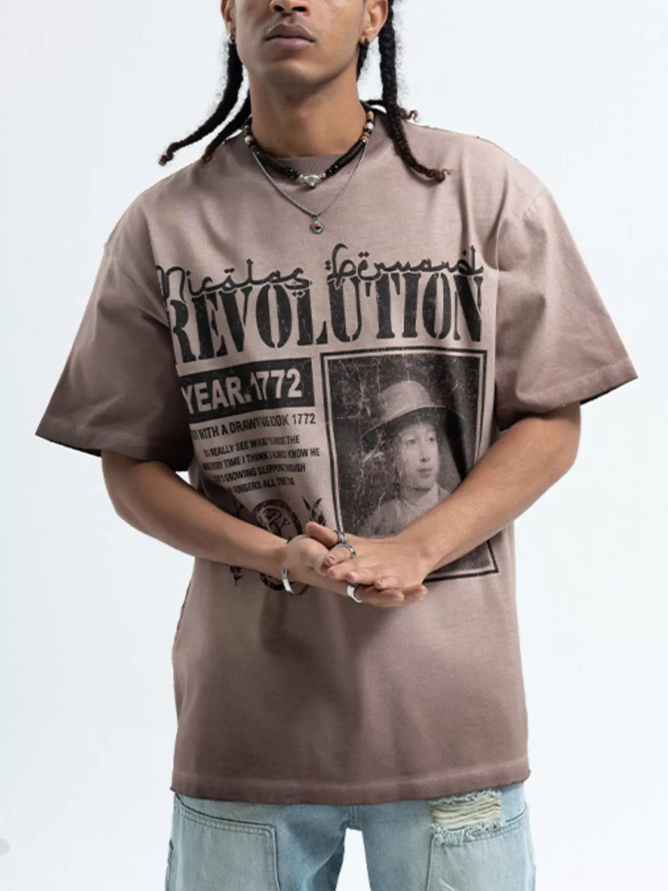 Men's Letter Graphic Oversized T-Shirt - Khaki -