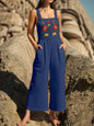 Floral Embroidered Wide Leg Jumpsuit - Dark Blue -