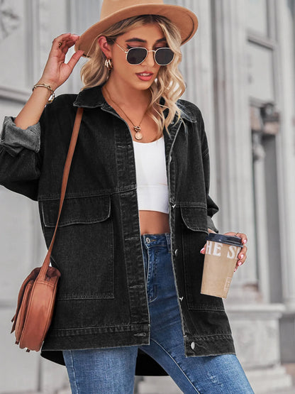 Button Up Long Sleeve Denim Jacket - -