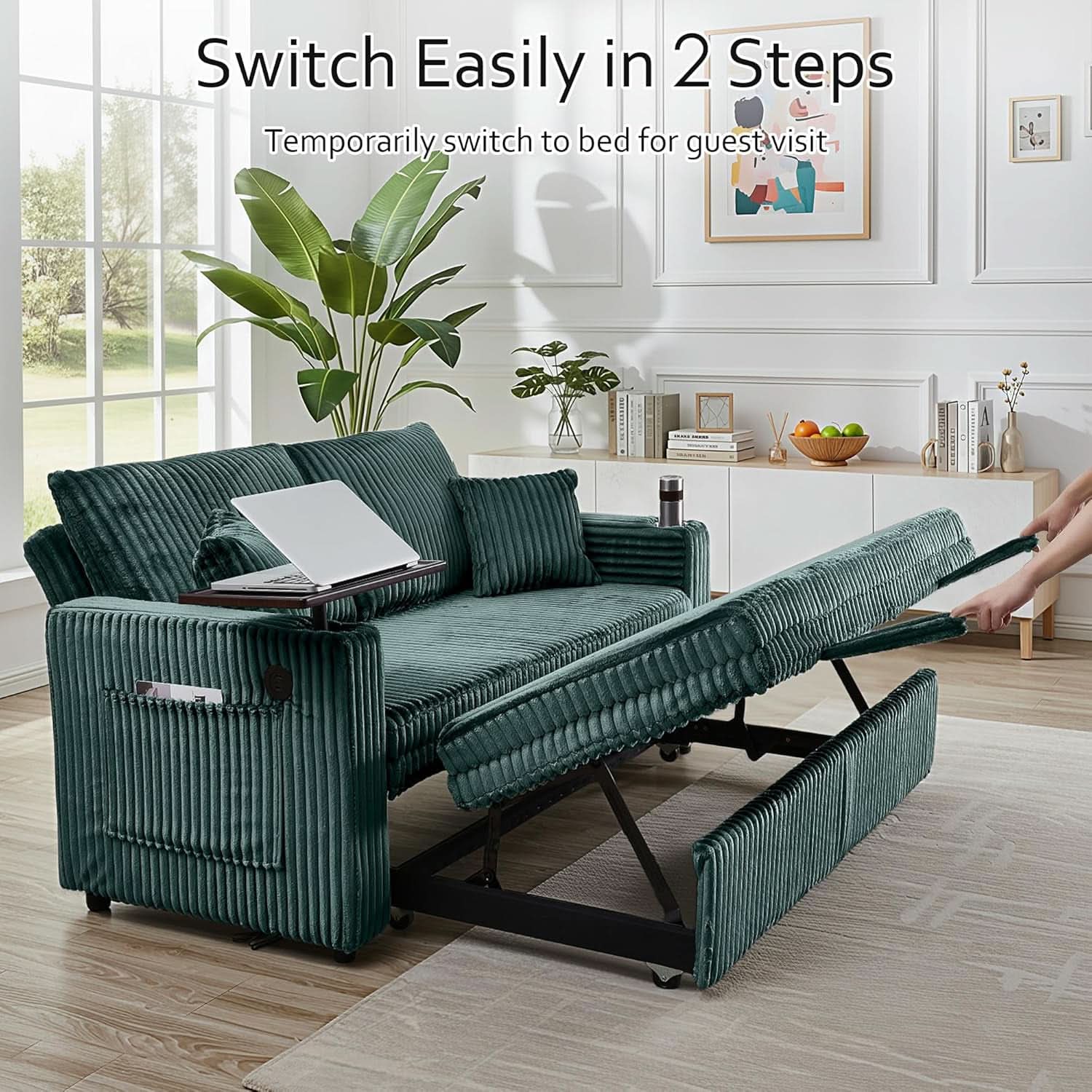 65Inch Sleeper Sofa Bed CorduroyFabric Emerald Green- ShipItFurniture- {{Product type}}