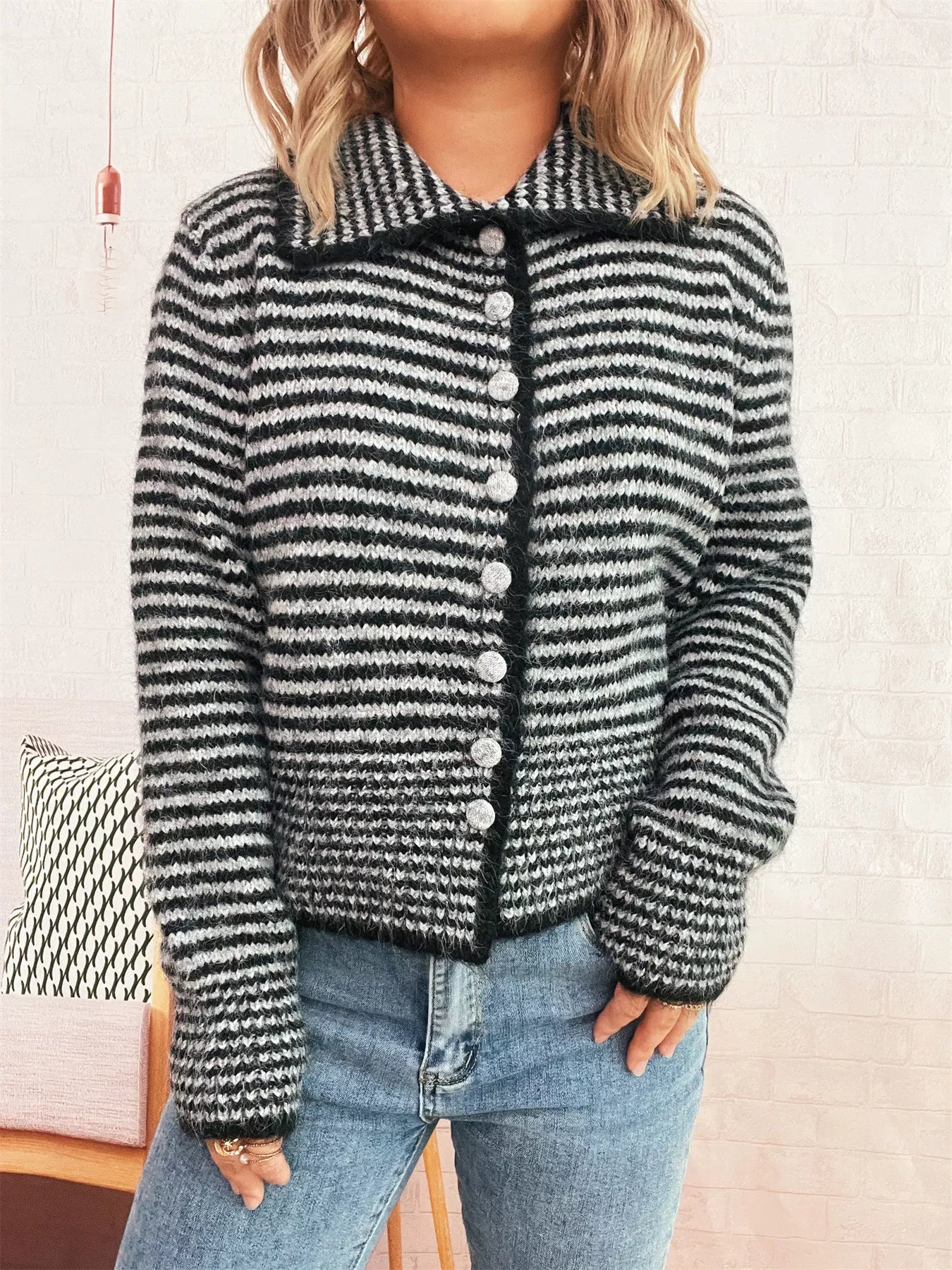 Striped Button-Up Long Sleeve Cardigan - -