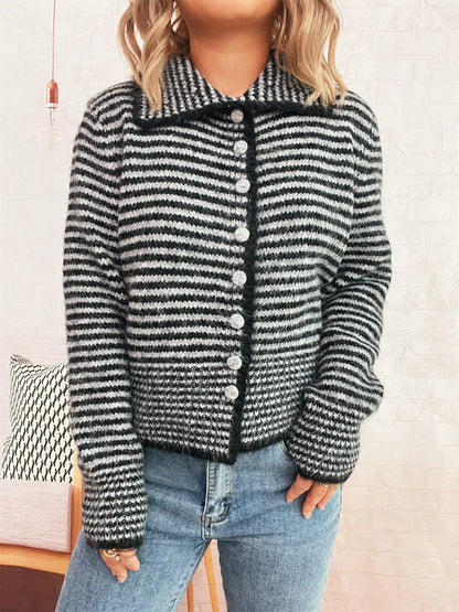 Striped Button-Up Long Sleeve Cardigan - -