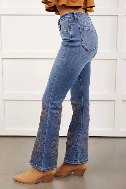 Embroidered Flare Leg Jeans - -