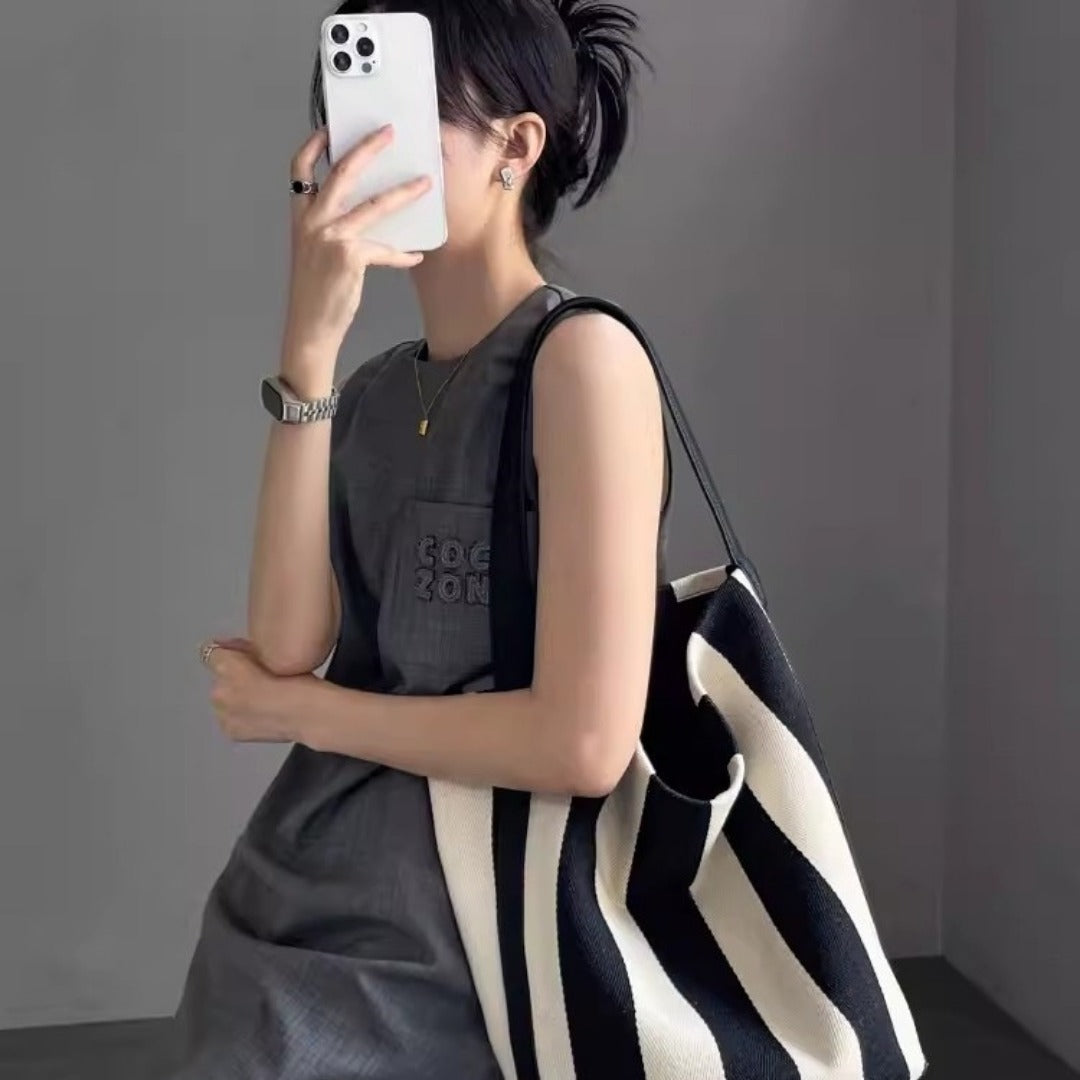 Striped Canvas Bag Large Capacity – Stylish Tote Bag, Versatile Shoulder & Bucket Bag - -