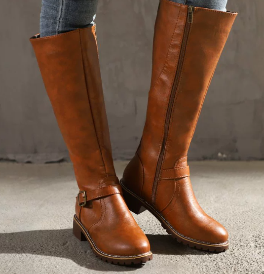 Mid-Calf High Knight Buckle Boots - New Brown 38 - heeled boots