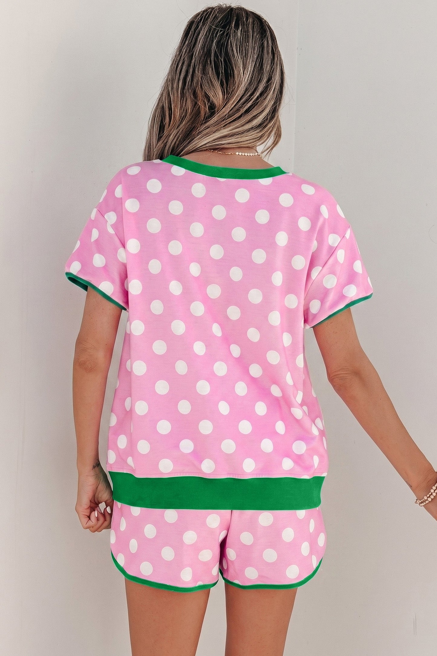 Pink Polka Dot Contrast Edge Casual Short Set - - Two Piece Sets/Short Sets