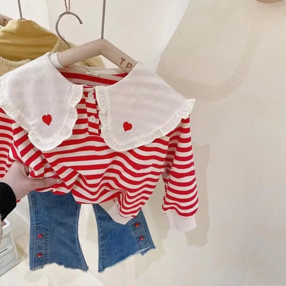 Long Sleeve Shirt and Jeans 2pc Set red white blue