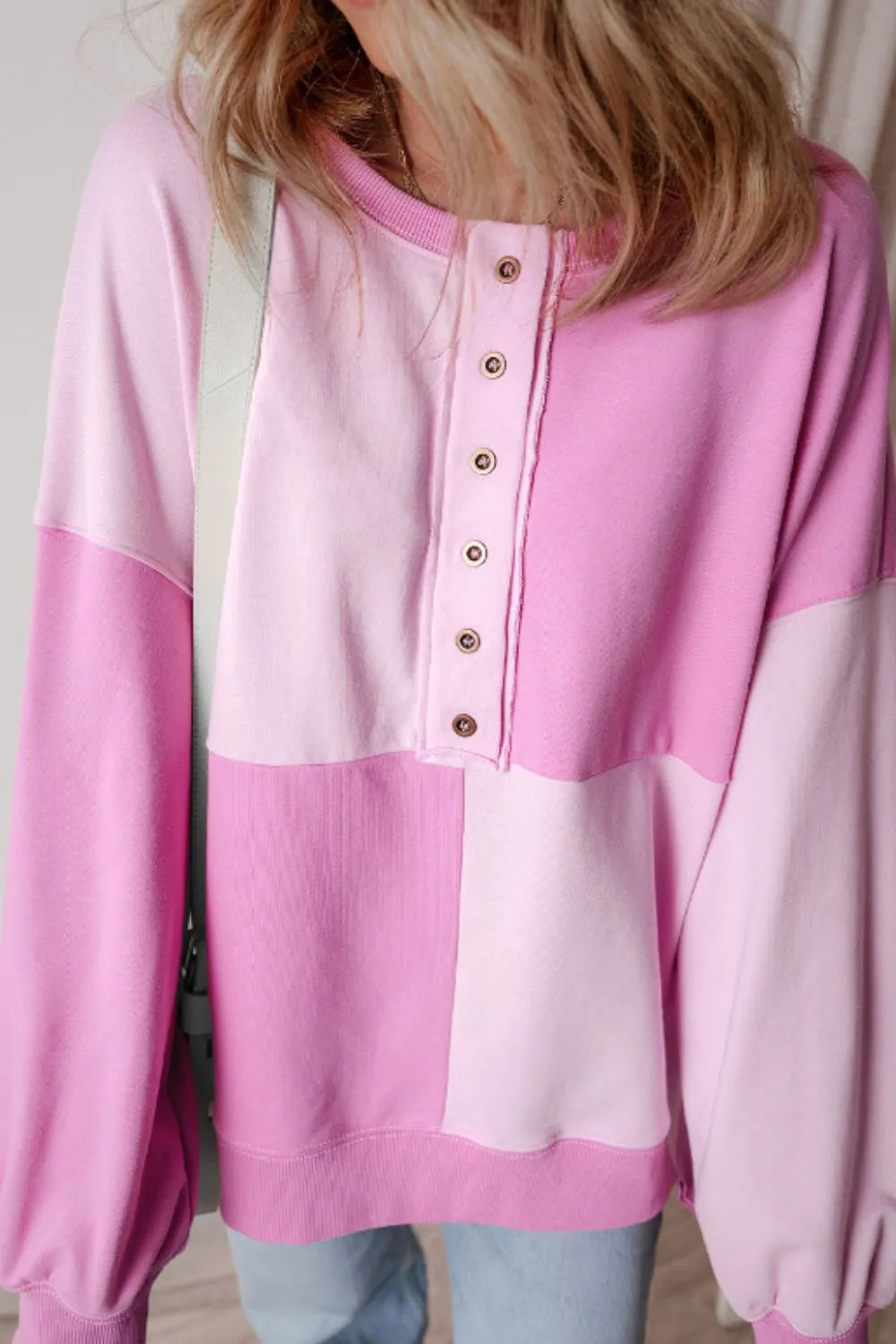 Color Block Half Button Long Sleeve Sweatshirt - Pink -