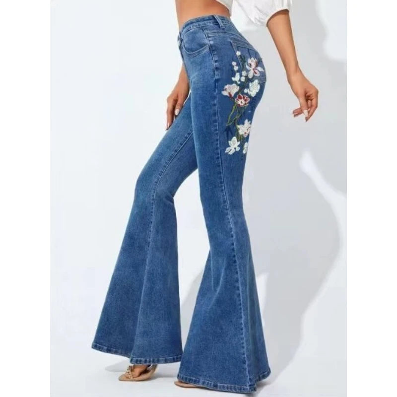 Stretch Floral Embroidery Jeans for Women