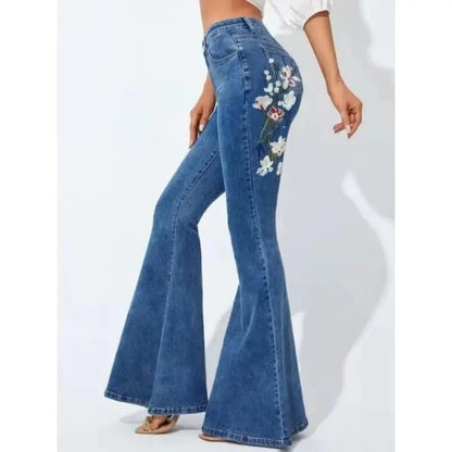 Stretch Floral Embroidery Jeans for Women Dark blue