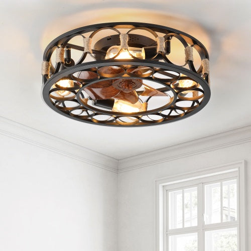 Black Cage Ceiling Fan With Light Remote Control 6 Speed - - fan