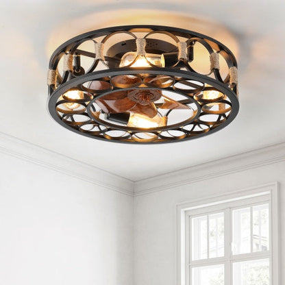 Black Cage Ceiling Fan With Light Remote Control 6 Speed - - fan