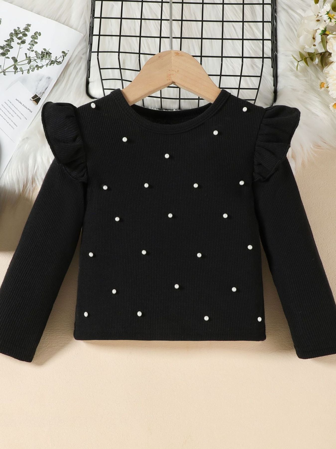 Children's Ruffle Trim Top & Faux Leather Pleated Skirt Set - -