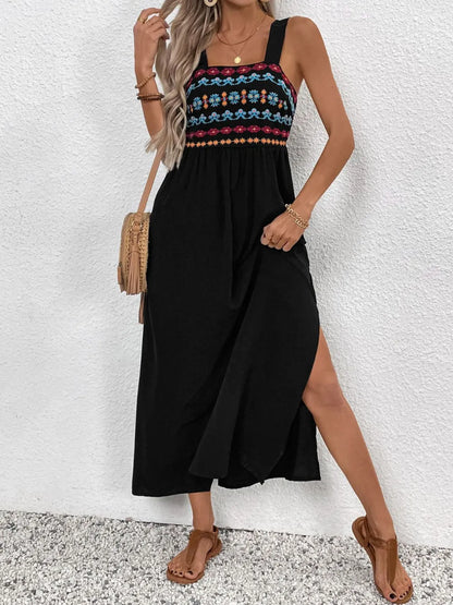Perfee Embroidered Floral Side Slit Sleeveless Midi Dress - -