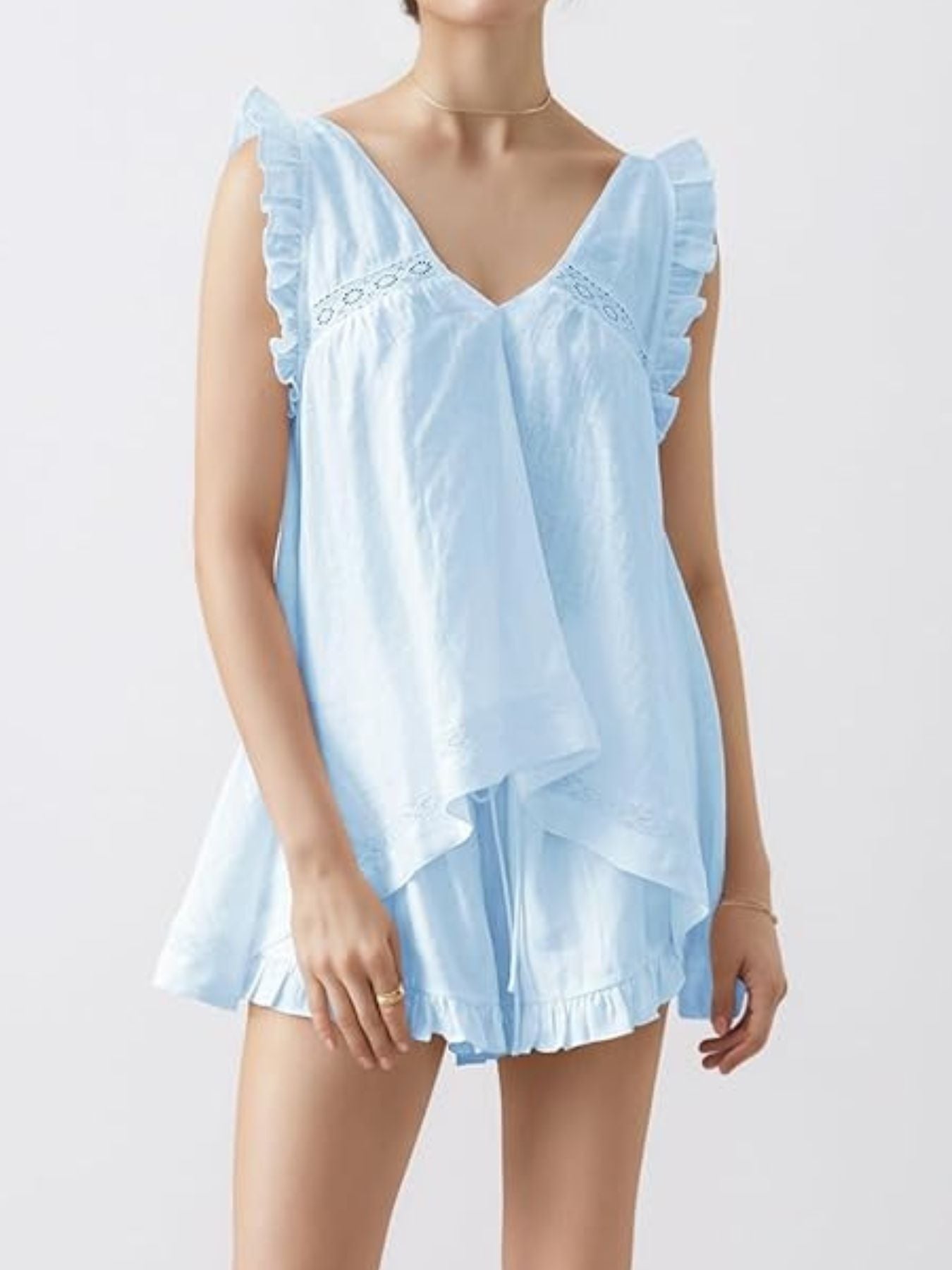 Ruffle Trim V-Neck Top and Shorts Set- Shopimist- {{Product type}}