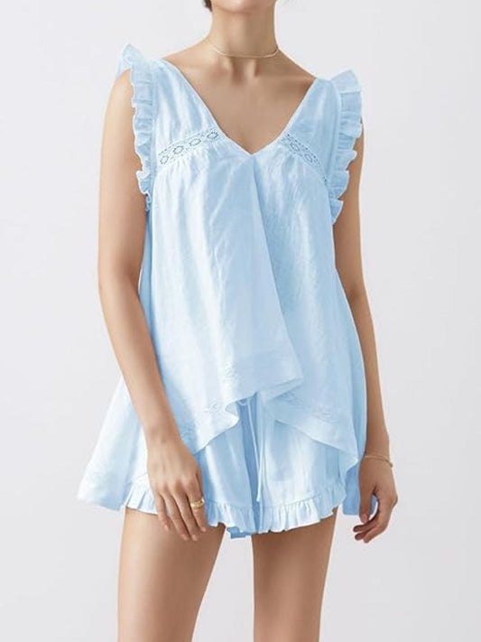 Ruffle Trim V-Neck Top and Shorts Set - Light Blue -