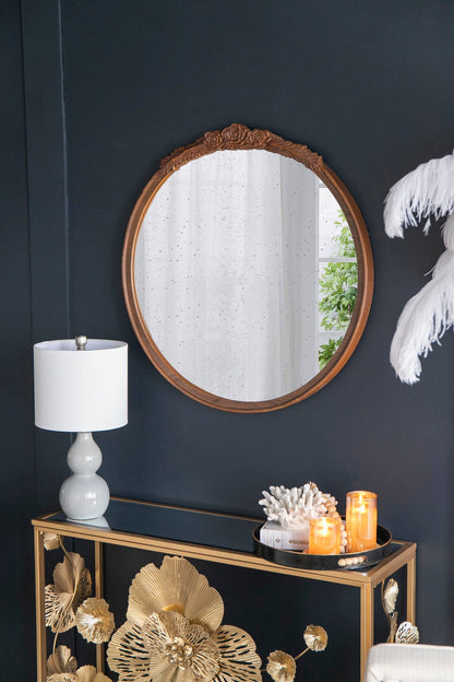 Round Hand Carved Rose Antique Mirror Frame, Wall Mirror For Live Space - - Wall Mirrors