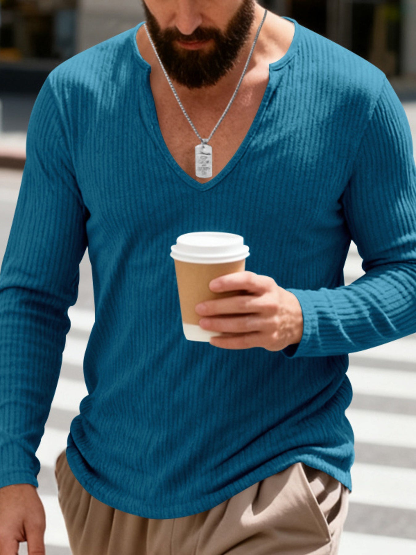 Men's Full Size Casual Ribbed Long Sleeve T-Shirt Plus Size - Denim Blue -