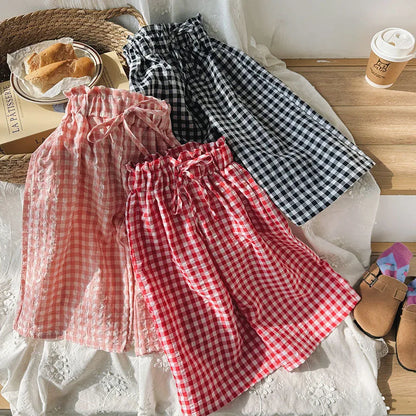 2-10 Years Girls Ankle Length Summer Casual High Waist Plaid Wide Leg Pants