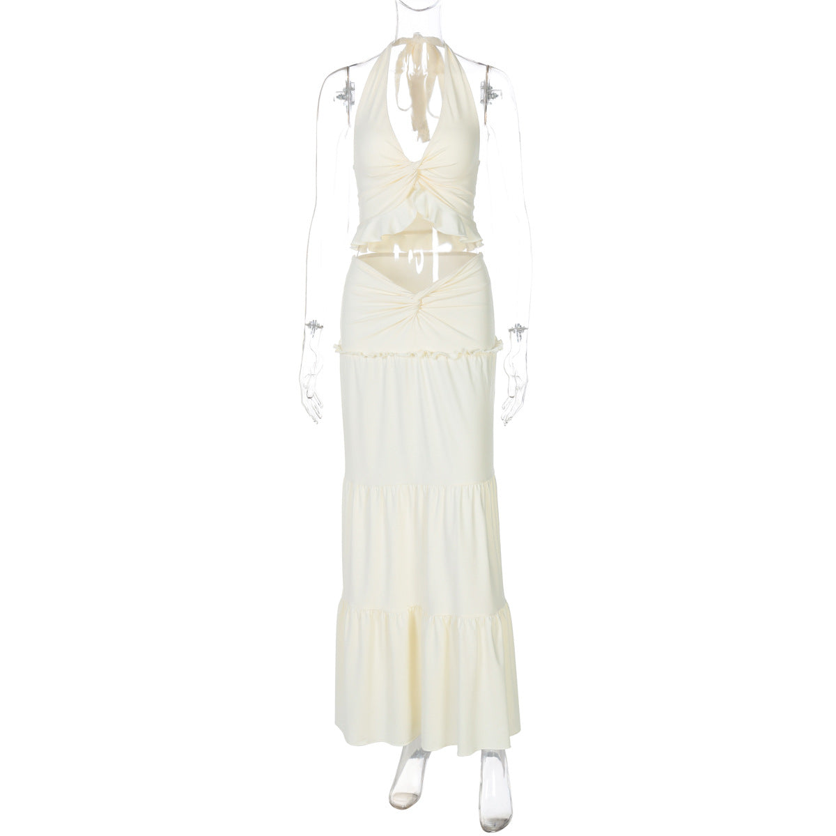 V-Neck Halter Dress Set - Apricot L - dress