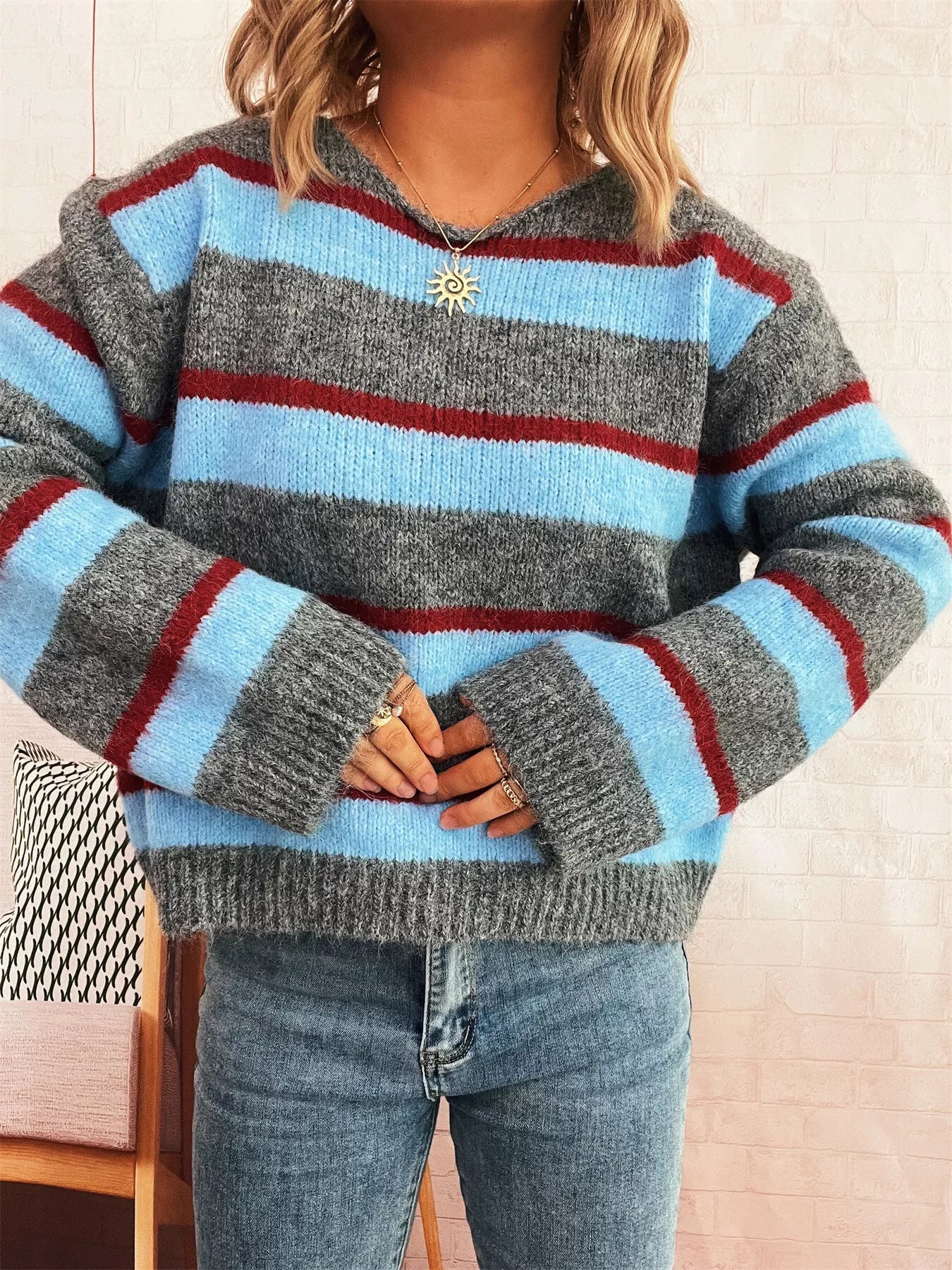 Striped Round Neck Long Sleeve Sweater - -
