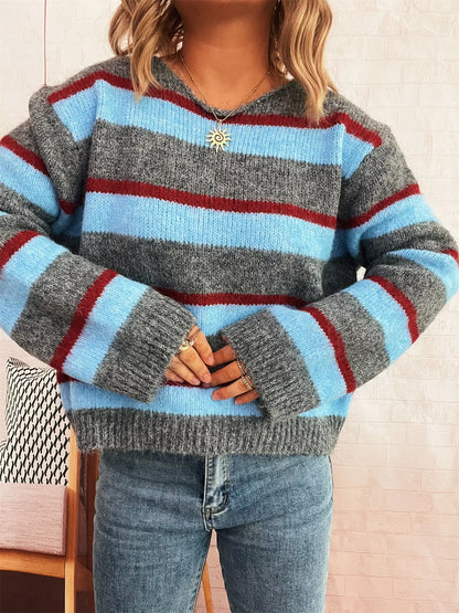 Striped Round Neck Long Sleeve Sweater - -