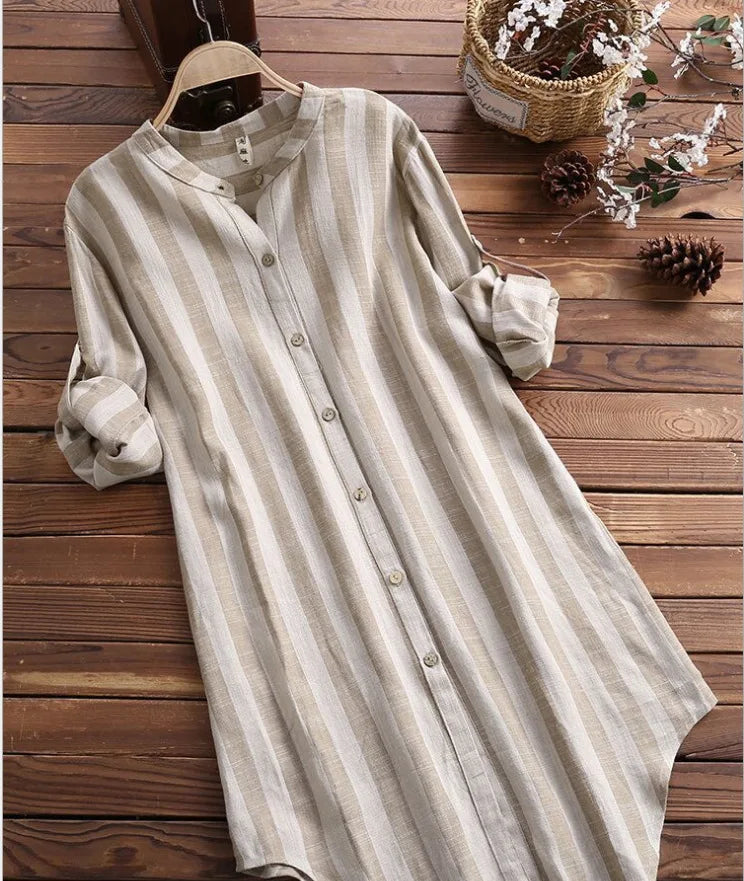 Long Style Striped Blouse Loose Long Sleeve Lapel Button Casual Shirt