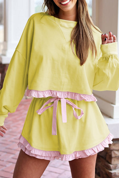 Yellow Cream Plaid Ruffled Patchwork Drop Shoulder Pullover and Drawstring Elastic Waist Shorts Matching Set- Wild and Free Boutique- {{Product type}}