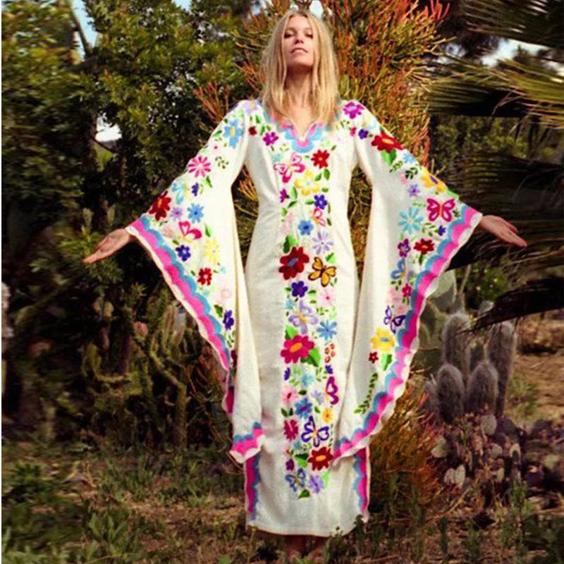 Long Sleeve Ladies O Neck Floral Maxi Casual Dress With Kimono Sleeve