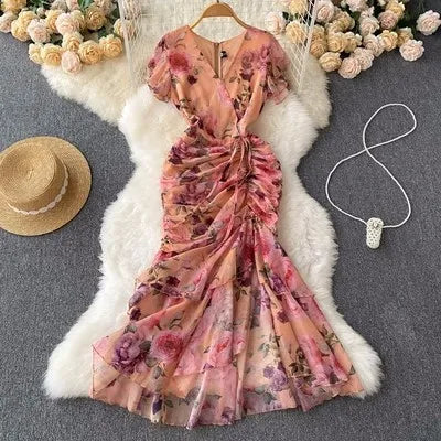 Floral Mermaid Maxi Dress Chiffon Short Sleeve Long Dress