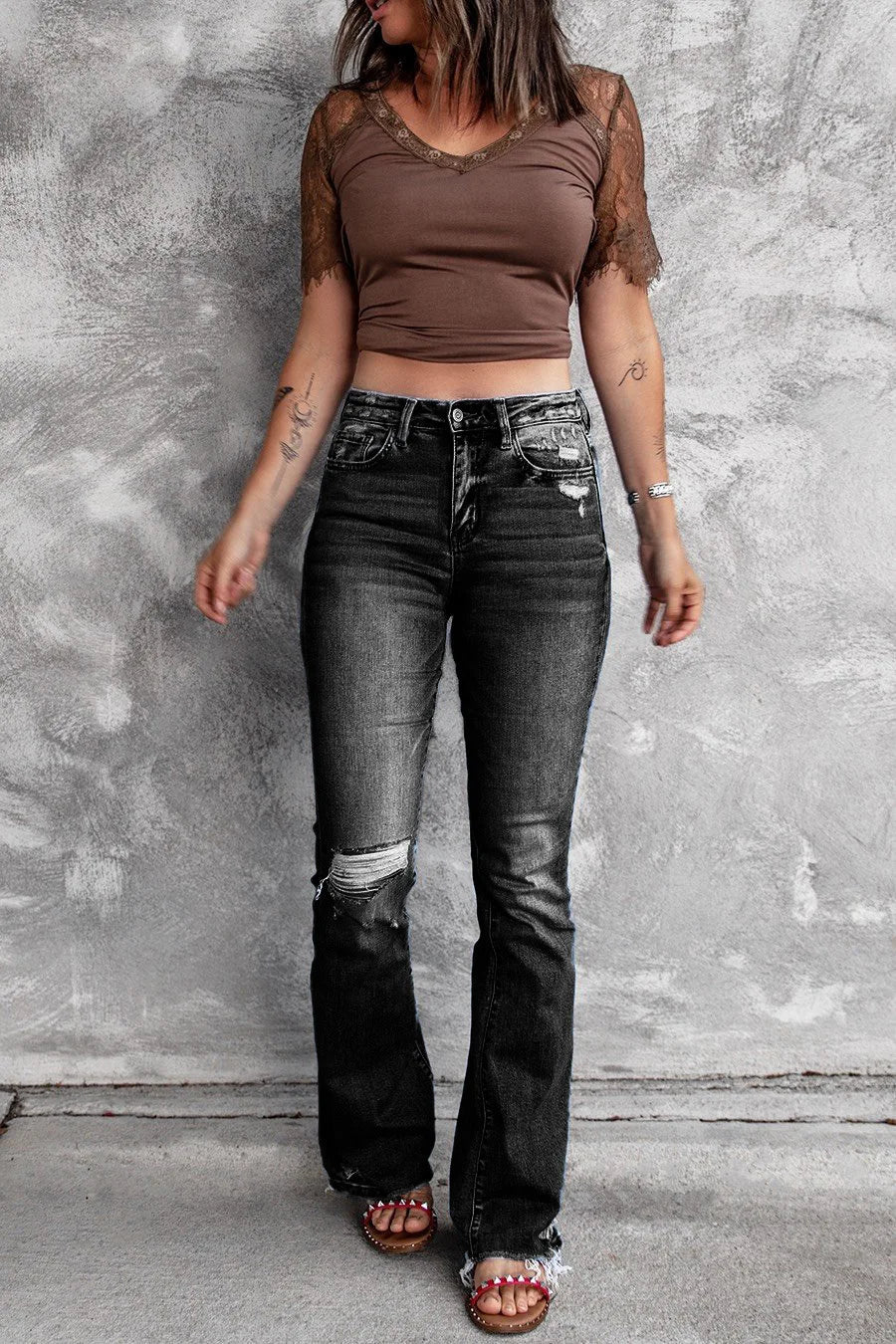 Women Holes Ripped Flare Jeans Hollow Out High Waist Wide Leg Denim Jeans