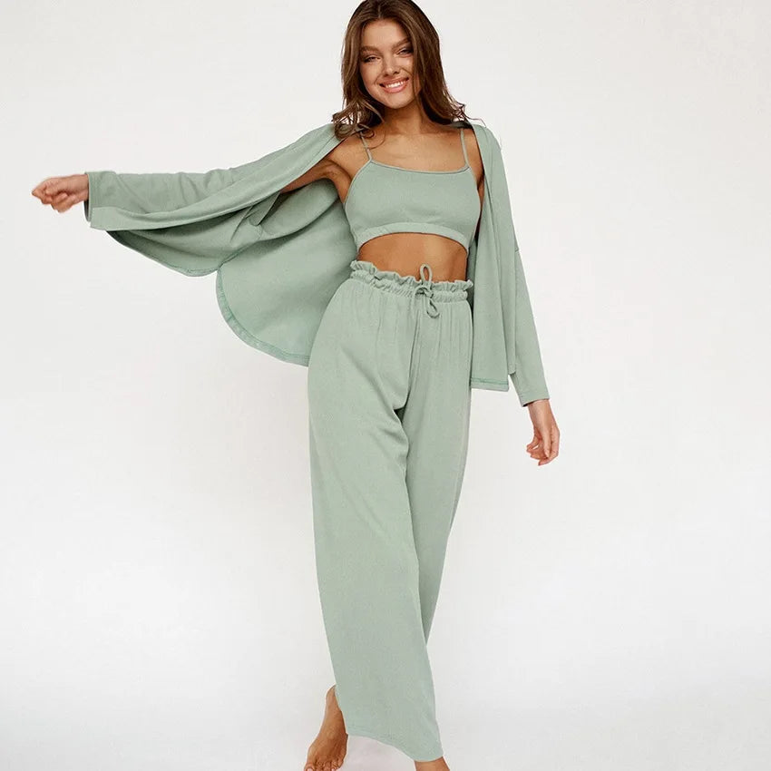 Women's Sleepwear Long Sleeve Cardigan +Sling Vest +Long Pants Three Piece Set