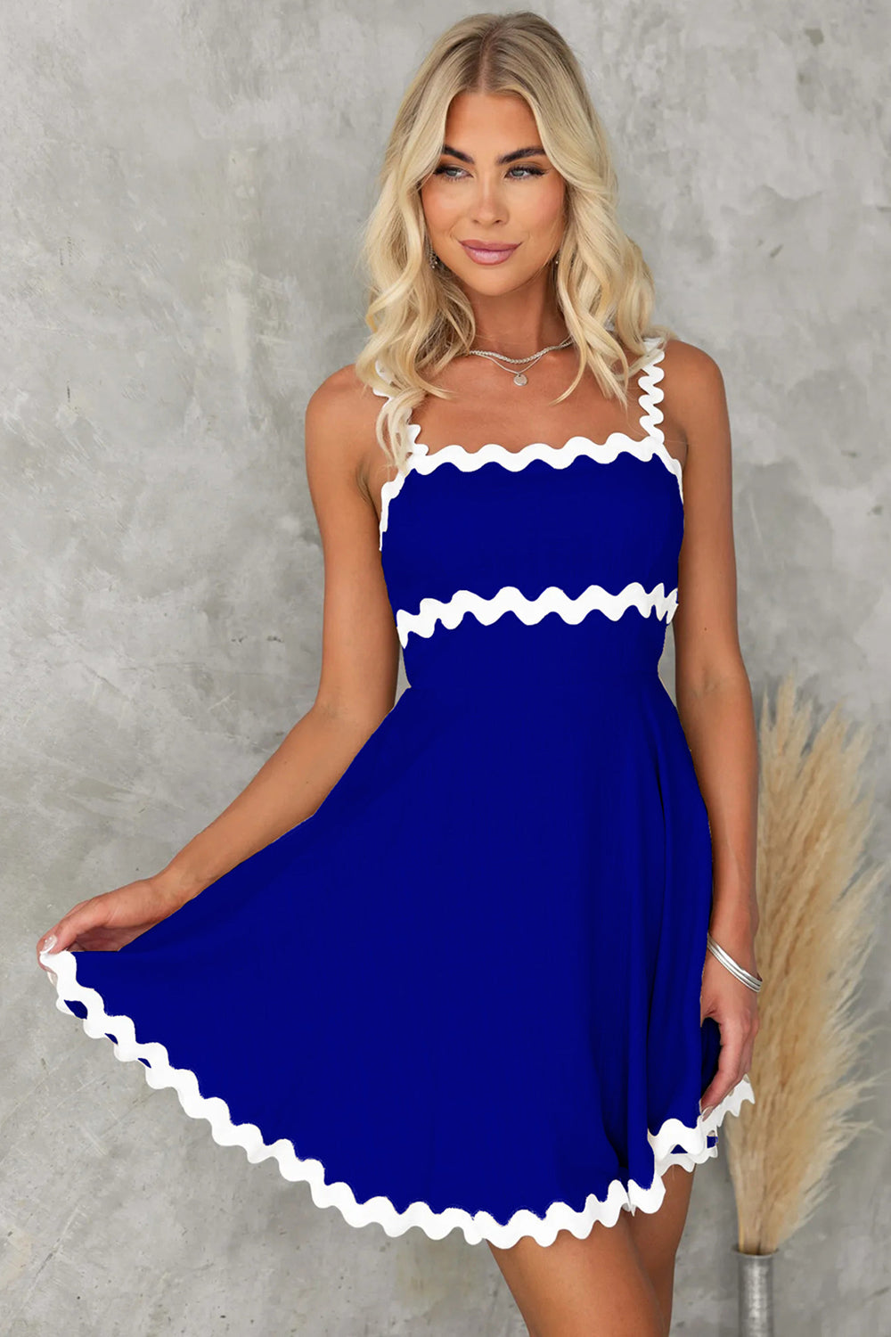 Contrast Trim Square Neck Mini Dress - Royal Blue - Clothing & Fashion