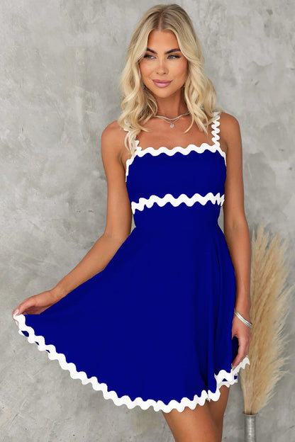Contrast Trim Square Neck Mini Dress - Royal Blue - Clothing & Fashion