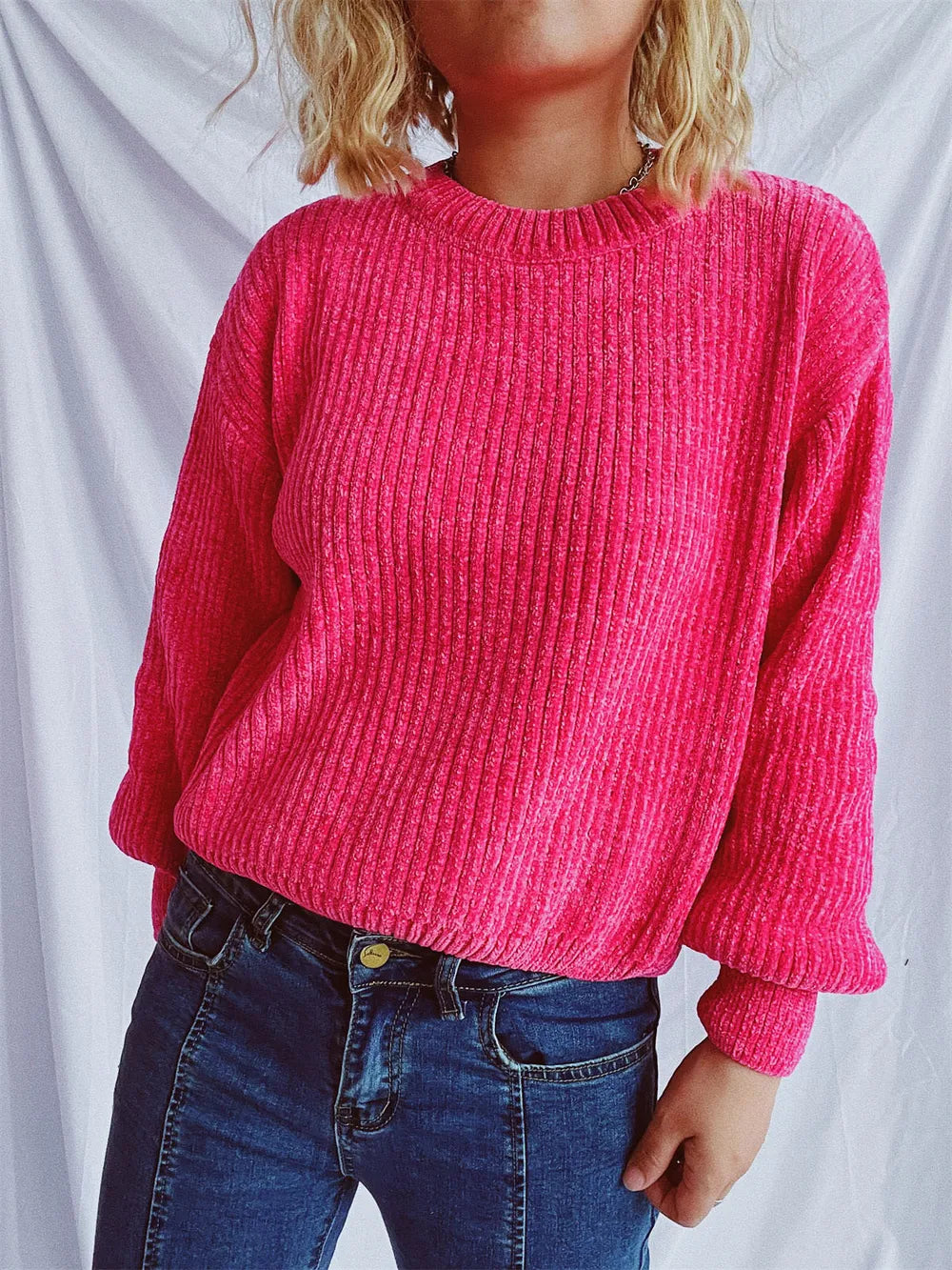 Round Neck Dropped Shoulder Long Sleeve Sweater - -