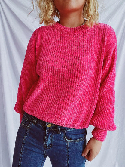 Round Neck Dropped Shoulder Long Sleeve Sweater - -