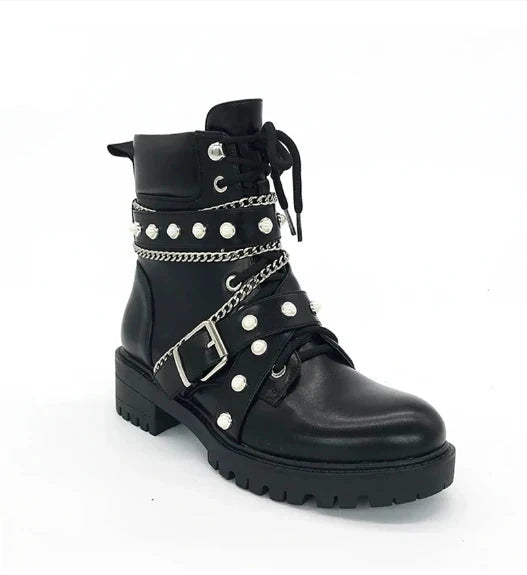 Women's Ankle Boots Platform Buckle With Studded Pearl Platform Shoes