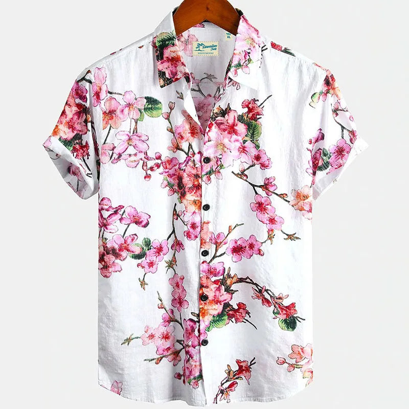 Mens Floral Chinese Style Shirt Short Sleeve Hawaiian Shirts Quick Dry Shirt