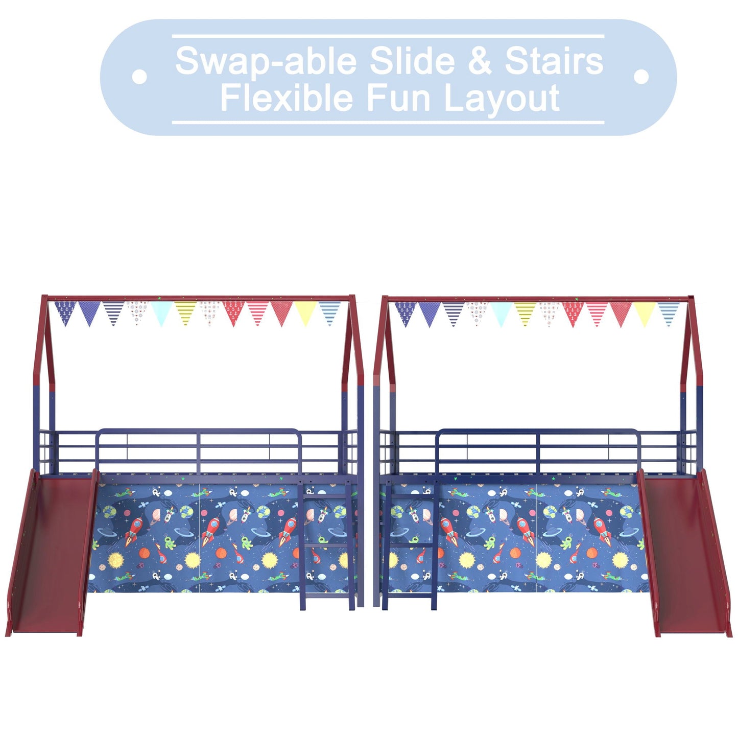 Jack - House Loft Bed With Slide And Curtain Set- HouseOfZazla- {{Product type}}