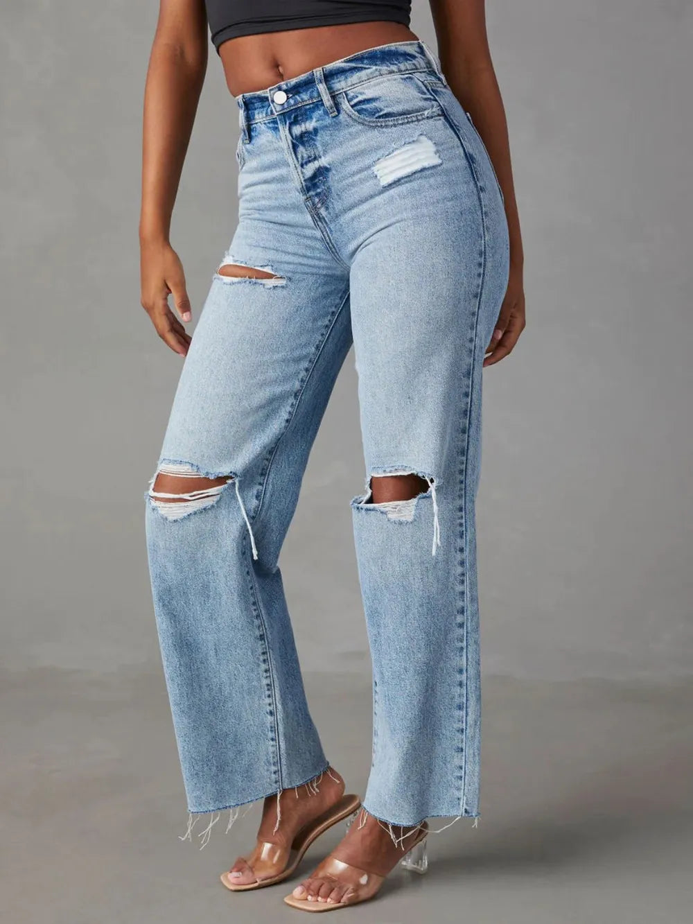 Distressed Straight Leg Jeans with Pockets - -