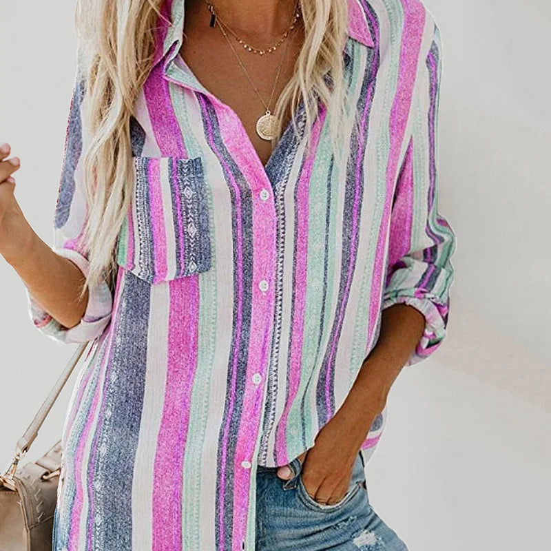 Vertical Stripe Print Button Long Sleeve Shirt Daily Single Breasted Work Blouse