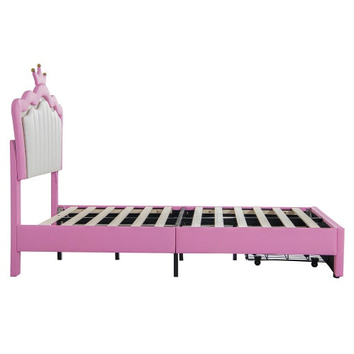 Twin Size Upholstered Bed Frame With LED Lights With Crown Headboard and Drawer - - bed frame
