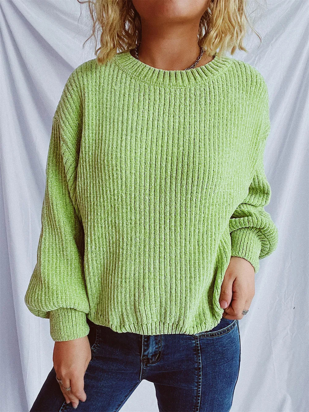 Round Neck Dropped Shoulder Long Sleeve Sweater - -