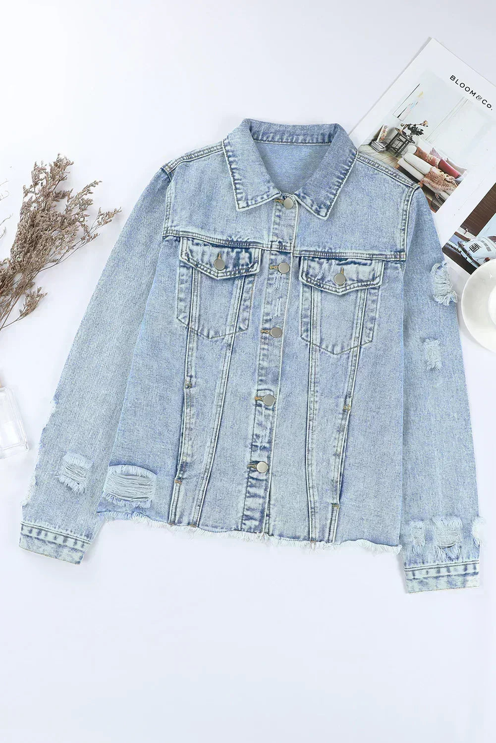Light Blue Distressed Denim Jacket with Raw Hem – Femstylo- Femstylo- {{Product type}}