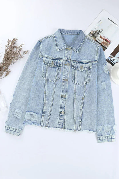 Light Blue Distressed Denim Jacket with Raw Hem – Femstylo- Femstylo- {{Product type}}