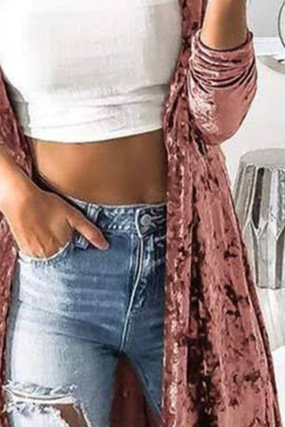 Open Front Long Sleeve Longline Velvet Cardigan - -