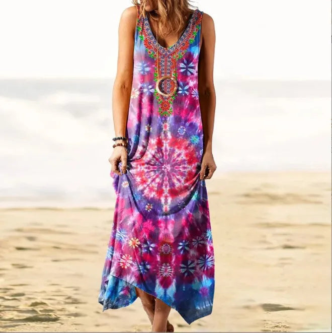 Vintage Mandala Printed Tie-Dye Floral Long Maxi Dress Style